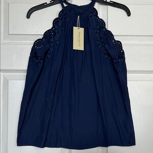 Ramy Brook Navy Embroidered Sleeveless Eyelet Scallop Trim Top Women’s XS - NWT